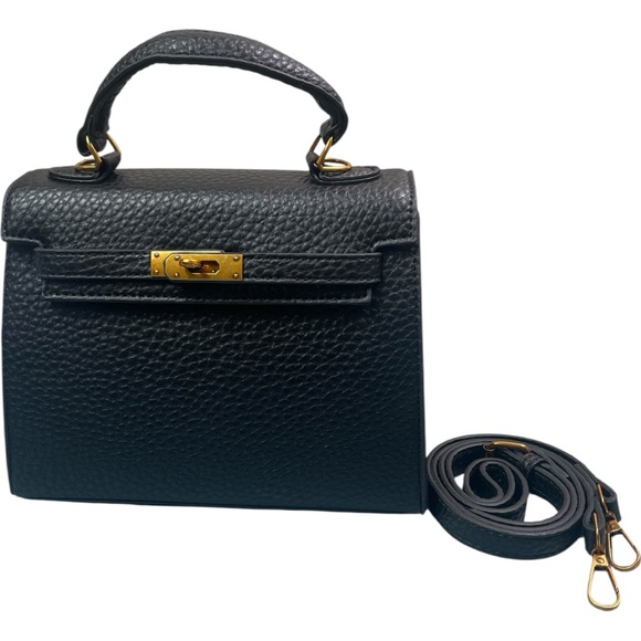 Black Kelly Textured Designer Turnlock Shoulder Crossbody Bag - Picture 4 of 13